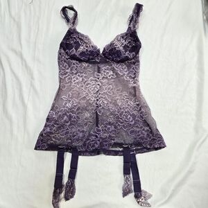 La Perla Purple Lace Lingerie Underwire Basque Corset Bustier with Garter Clips
